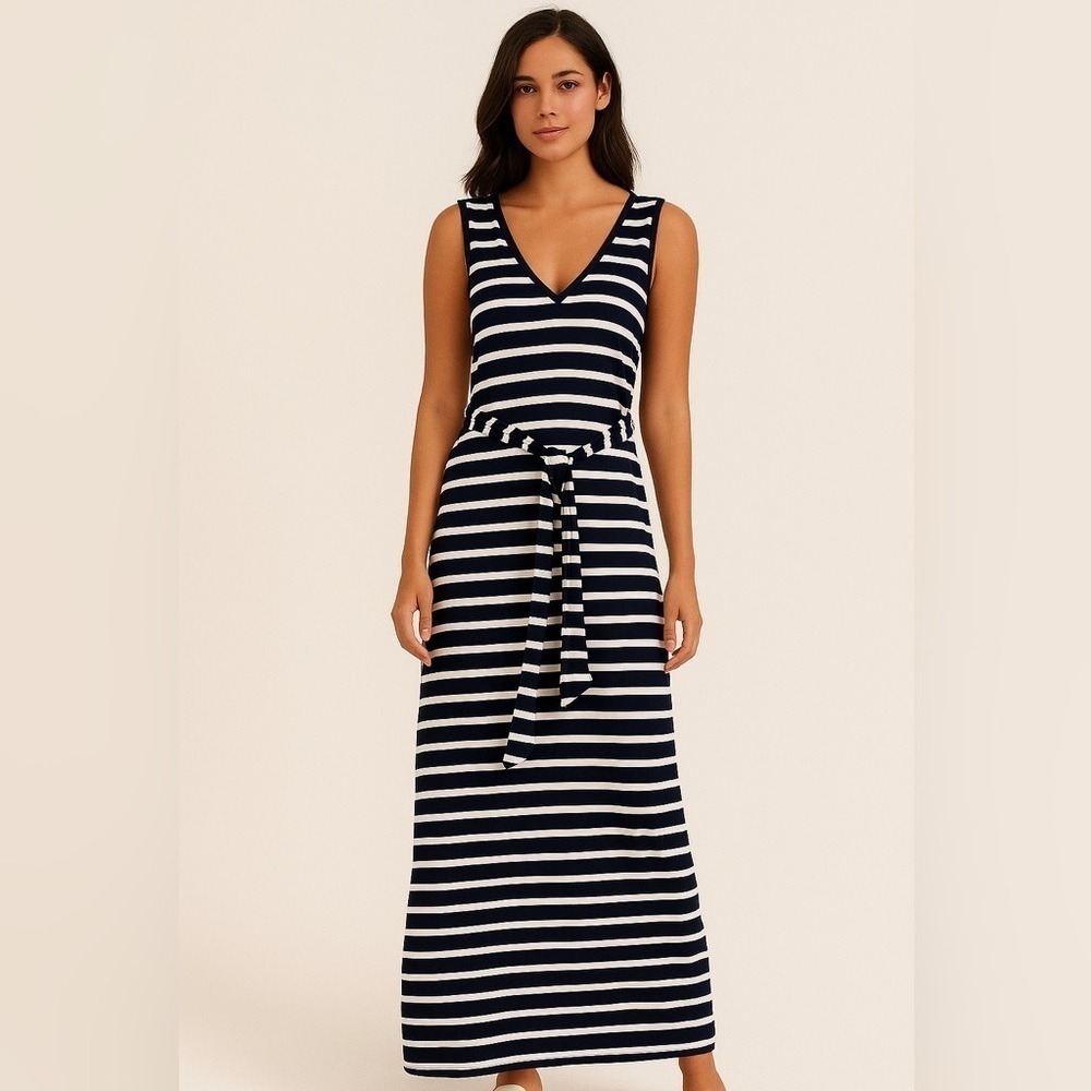 Banana Republic Maxi Dress Preppy Coastal Beach Striped Navy White XL Tall